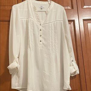 Kim Rogers Cream Pintuck Henley Tunic Blouse